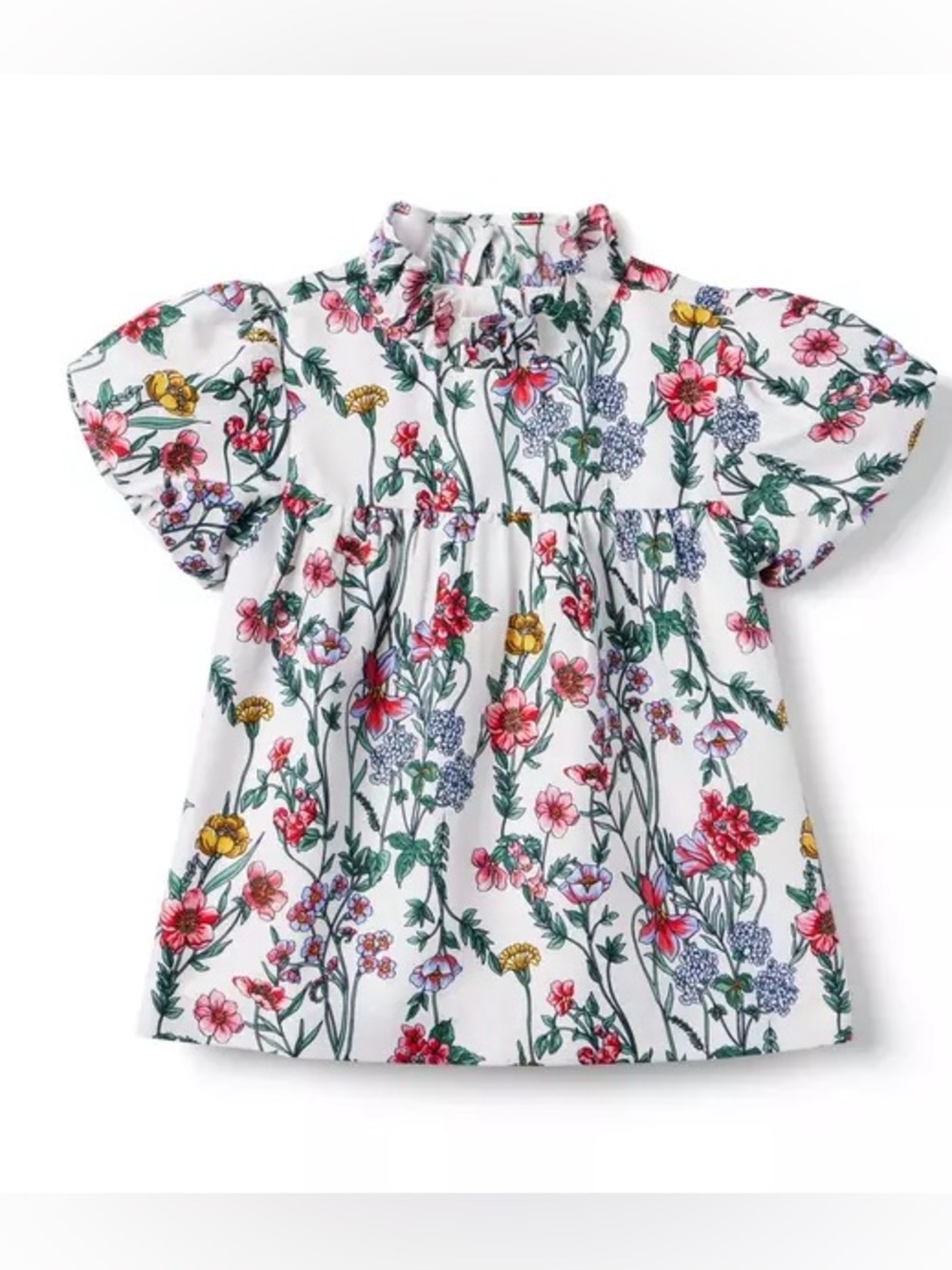 Janie and Jack Girls' Floral puff sleeve Ruffle Neck Top White Multi size 5